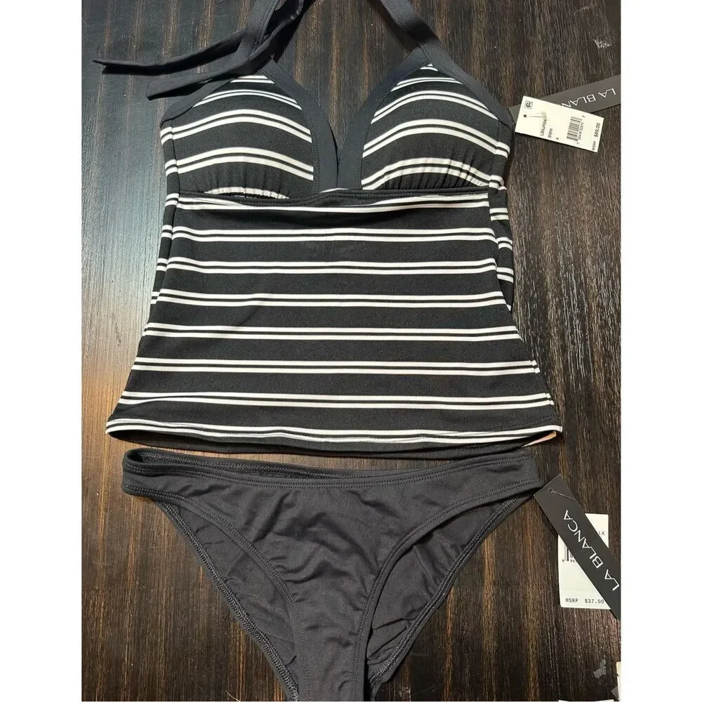 La Blanca NWT set size 4 tankini top & black bottoms striped black and white